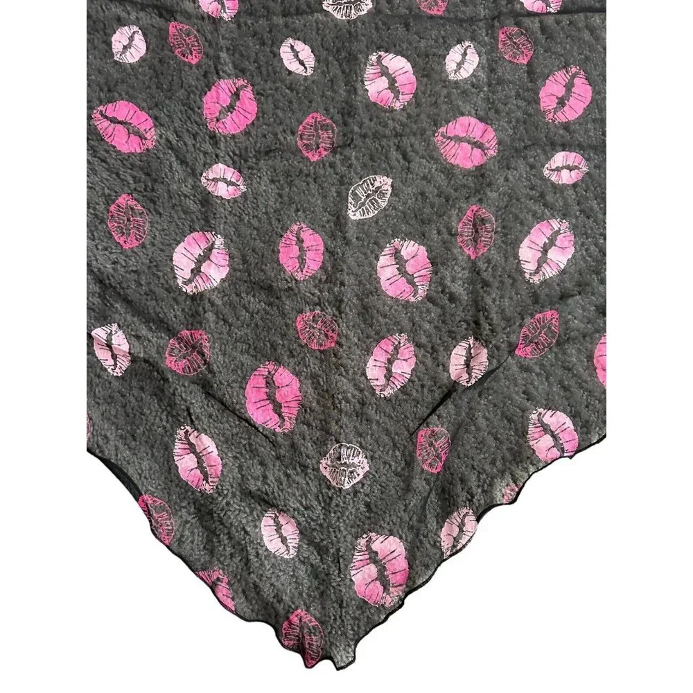 Vintage Scarf, Shawl, Wrap Black Polyester With Pink Lip Prints 72”x48”